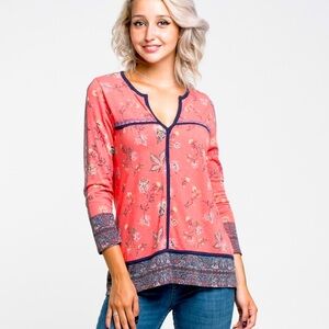 NEW Lucky Brand Floral Popover Top Blouse Cotton Modal Coral Navy Blue Sz S NWT